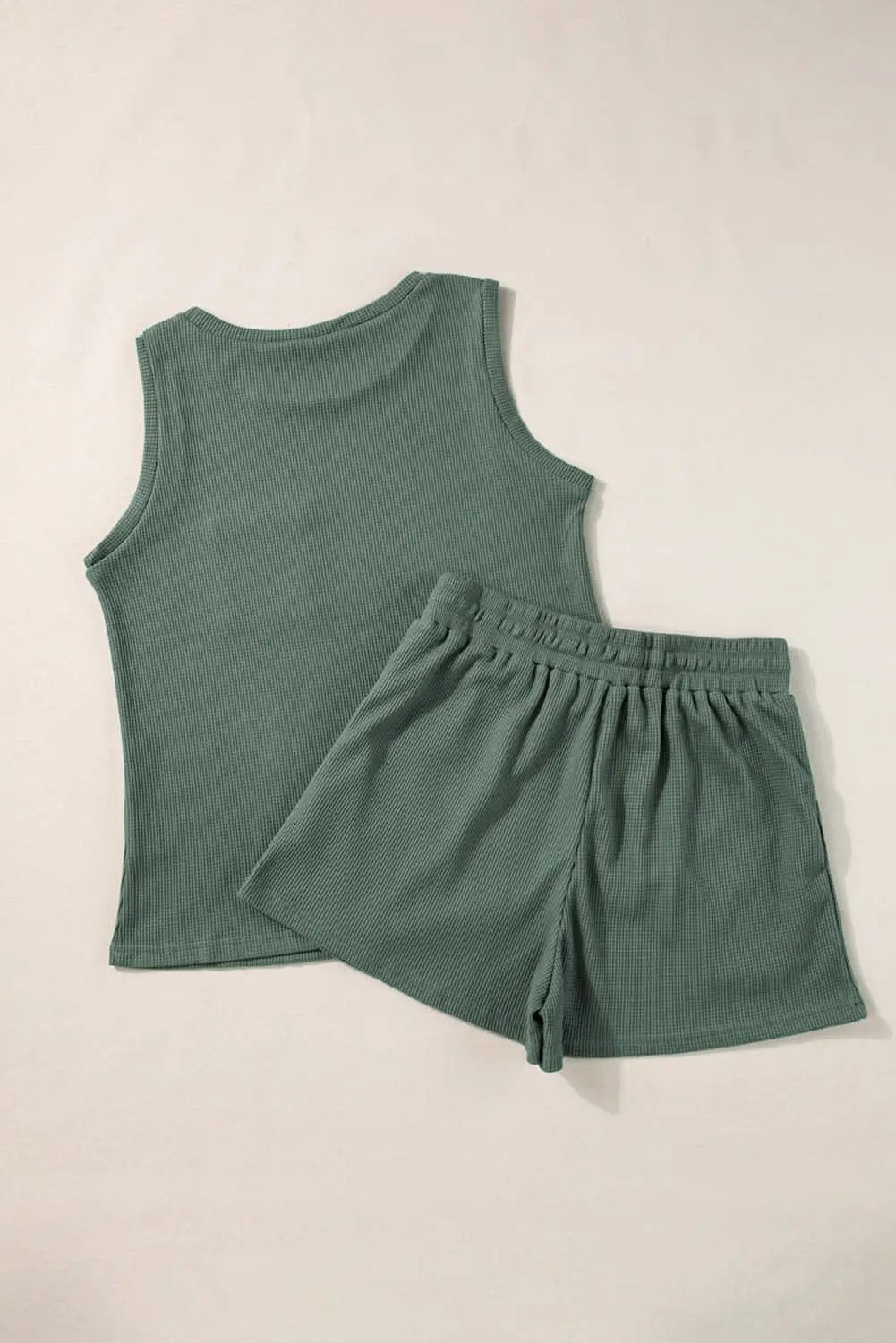 Mist Green Waffle Knit Patched Pocket Tank and Drawstring Shorts Set - Love Salve